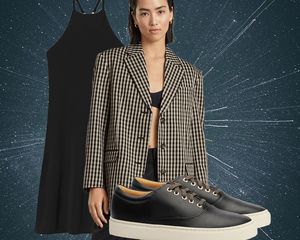 August style horoscope for Pisces: black dress, checked blazer, and leather sneakers
