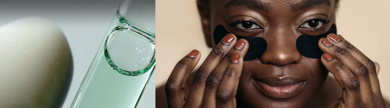 split image of an oil and lotion along with someone applying product under their eyes