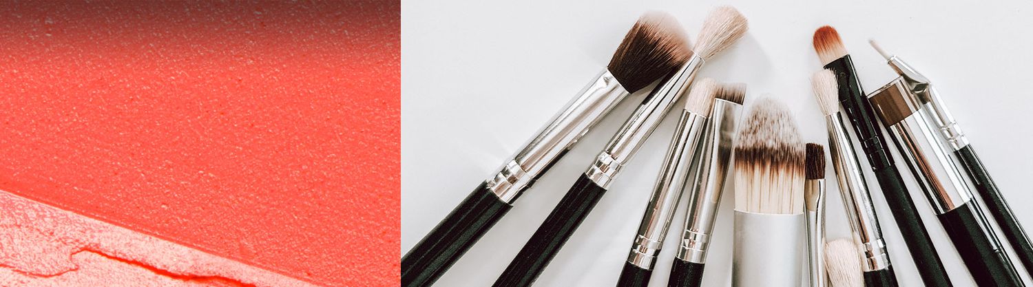 collage of a smeared makeup and makeup brushes