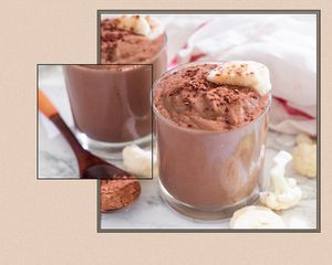 chocolate smoothie with collagen powder on spoon