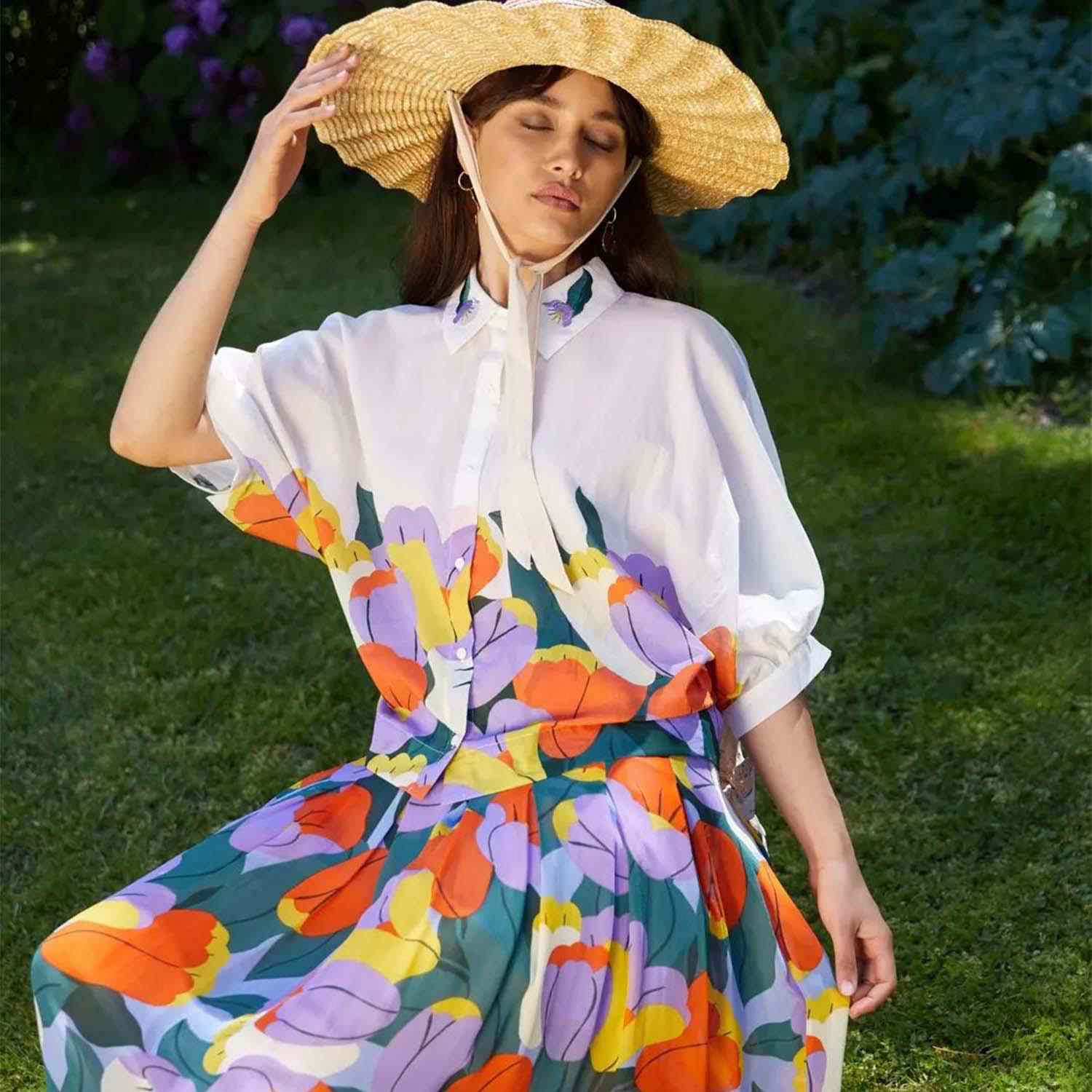 Model wearing a floral Gorman dress.