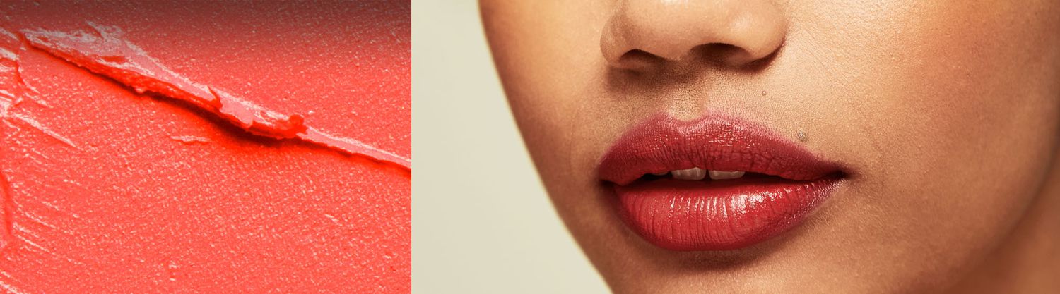 collage of a smeared makeup and a zoomed in image of someones lips with red lipstick on them