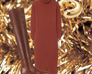 Brown dress, brown boots, and gold cuff earring