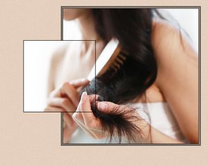 woman detangling ends of hair with wooden brush
