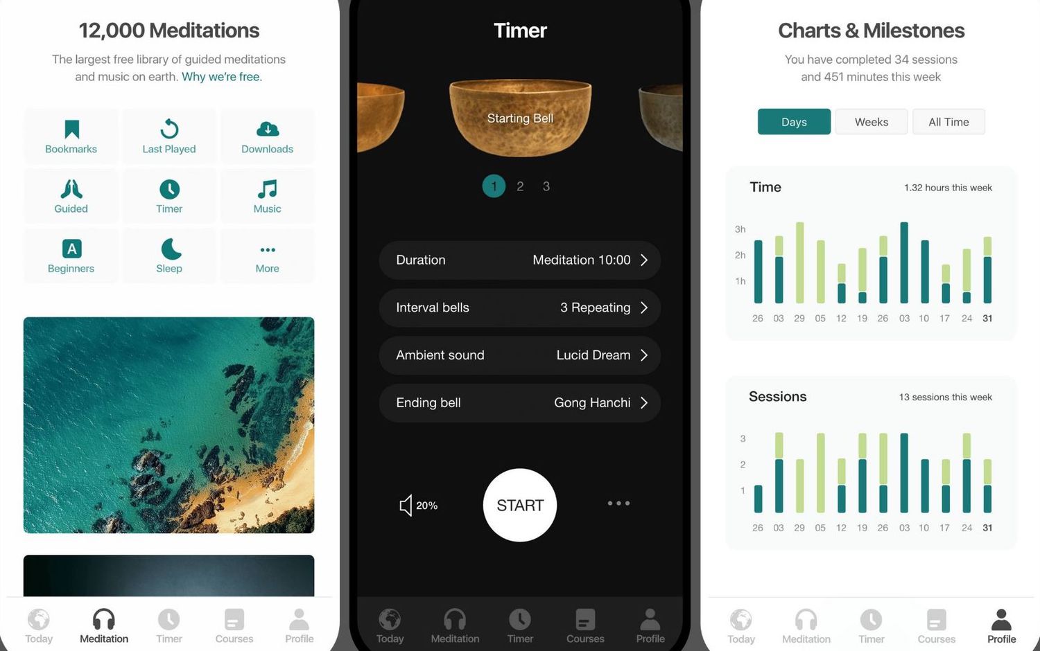 Three screenshots of the Insight Timer app.