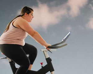 Photo composite of woman riding stationary bike.