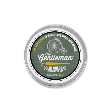 The Gentleman Solid Cologne in circular silver tin with green label