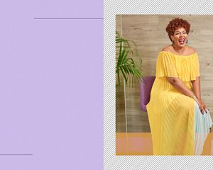 Naturally Drenched founder Jamila Powell laughs in a yellow dress inset on purple template
