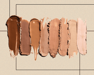 Various Foundation Skin Swatches on an Geometric Background